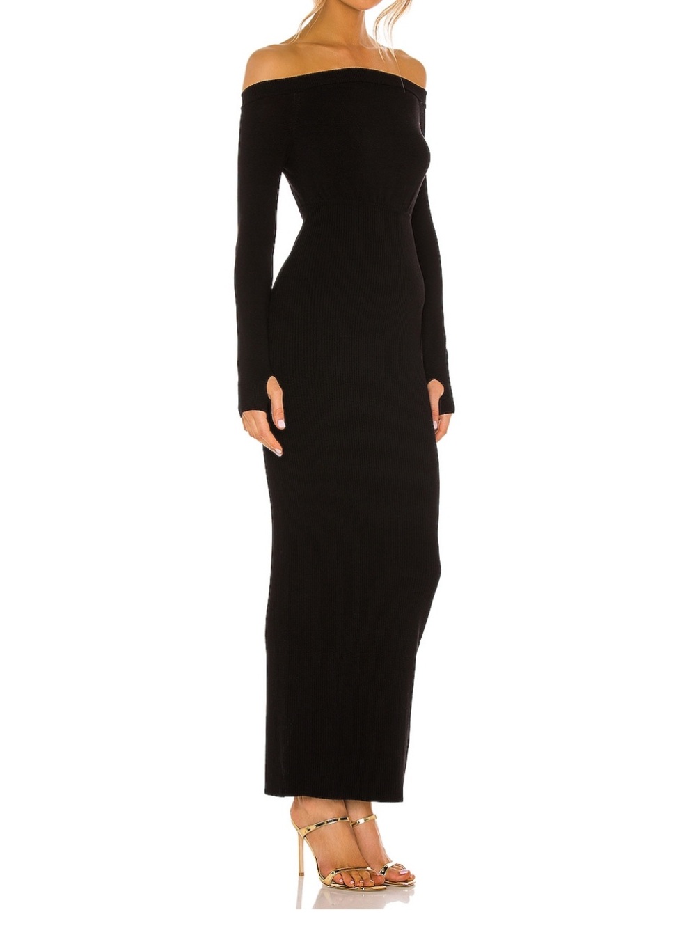 Michael Costello Black Off-Shoulder Long Sleeve Bodycon Maxi Dress